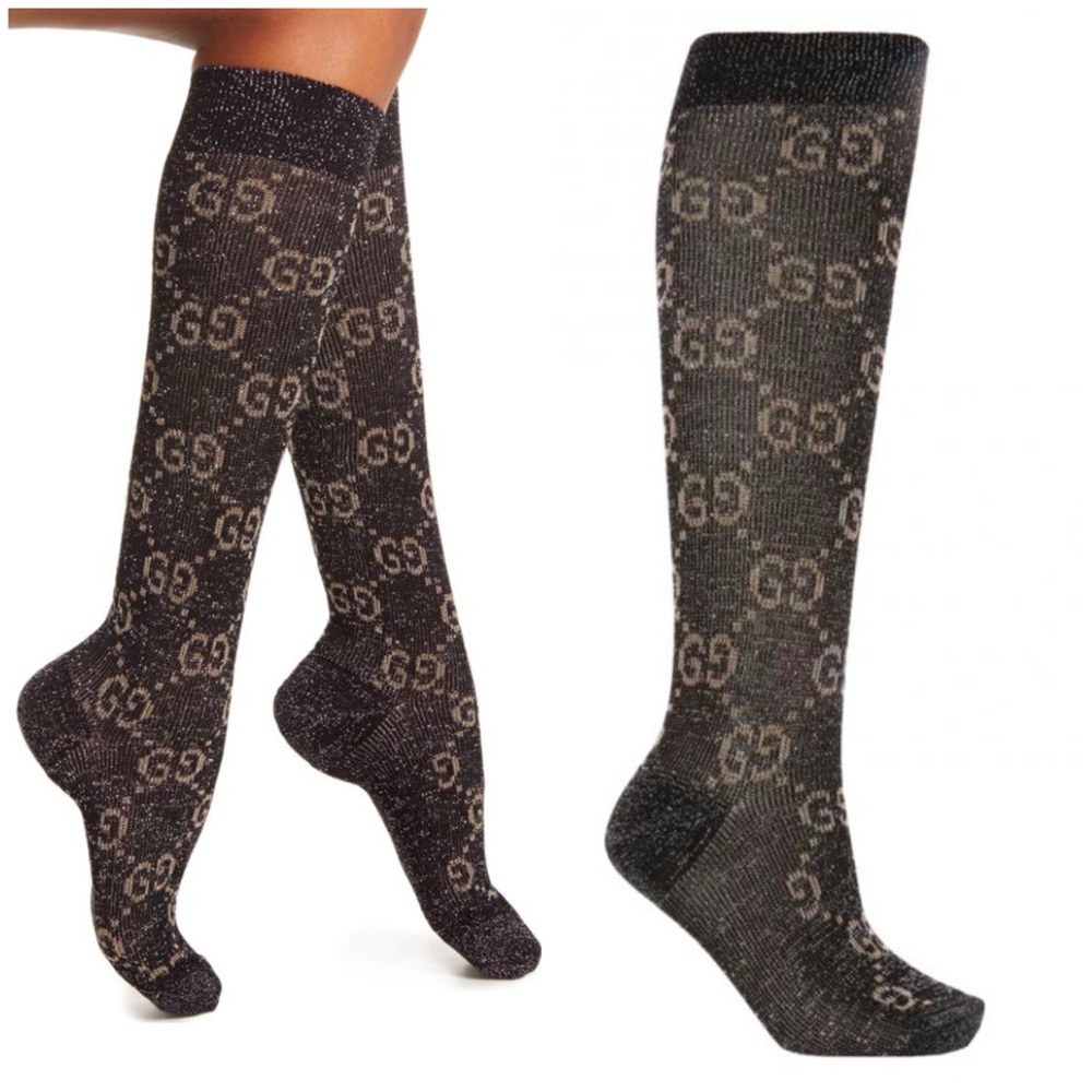 💯🩷Authentic GUCCI Black & Gray metallic shiny lamé shimmer GG Socks
